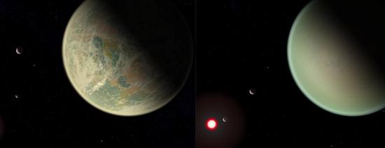 Conceptual rendering of water-bearing (left) and dry (right) exoplanets with oxygen-rich atmospheres (NASA/GSFC/Friedlander-Griswold)