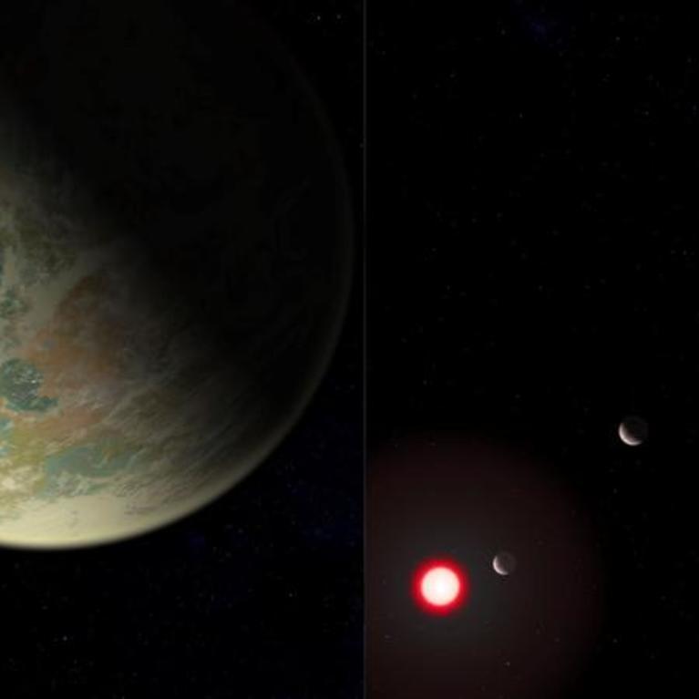 Conceptual rendering of water-bearing (left) and dry (right) exoplanets with oxygen-rich atmospheres (NASA/GSFC/Friedlander-Griswold)