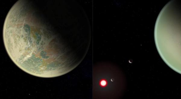 Conceptual image of water-bearing (left) and dry (right) exoplanets with oxygen-rich atmospheres (NASA/GSFC/Friedlander-Griswold)